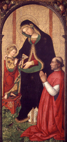 Madonna Col Bambino Scrivente E Un Vescovo Inginocchiato